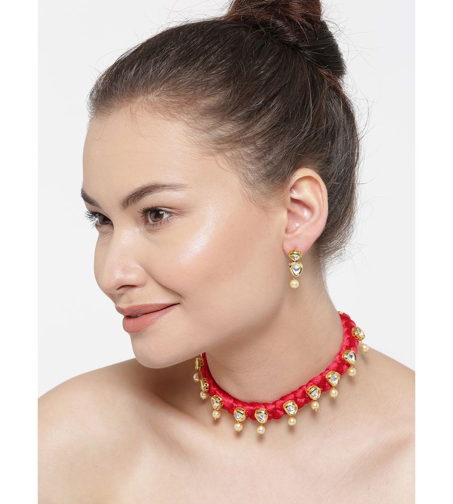 YouBella Red  Gold-Toned Stone-Studded Beaded Jewellery Set
